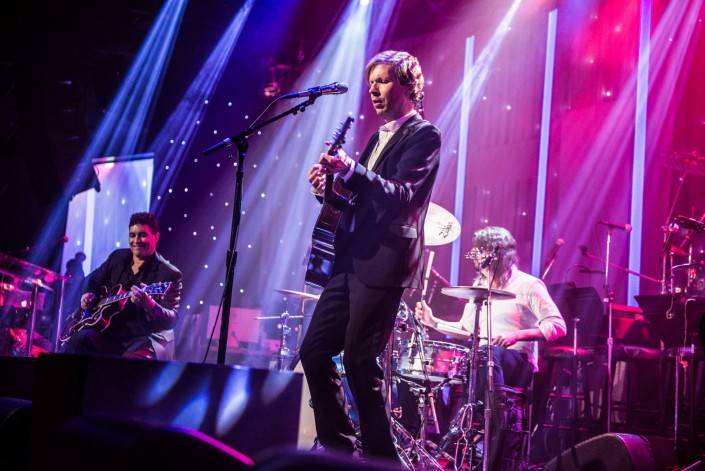 Beck with Pat Smear and Dave Grohl and Krist Novoselic for a Nirvana Tribute at the Clive Davis Grammy Gala